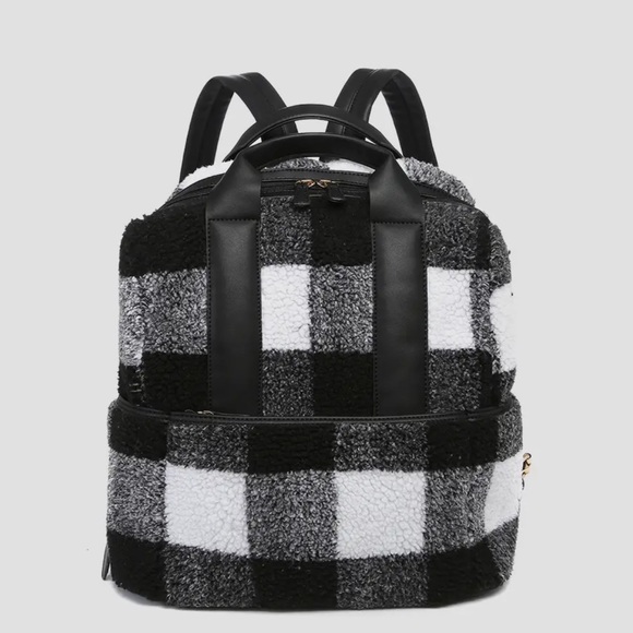 Buffalo Plaid Black and White Sherpa Women's Backpack - Picture 2 of 2